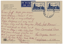 Moe Howard Autograph Postcards Signed ''Dad'' & ''Momee'' to His Son & Grandson Respectively -- Both From Europe Sent in the 1950s to His Son and 1960s to Grandson -- Very Good Condition